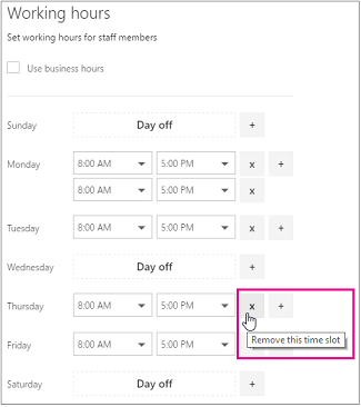 Obrázek obrazovky pracovní doby zaměstnanců služby Bookings s tlačítkem myši nad tlačítkem x