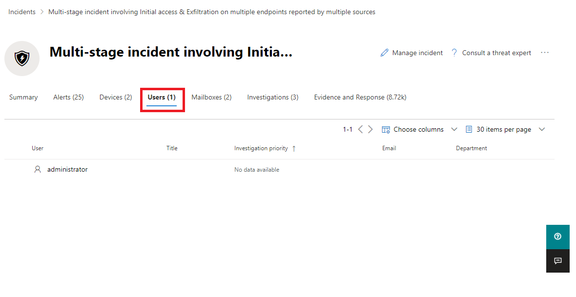 Stránka Uživatelé pro incident na Microsoft 365 Defender portálu.