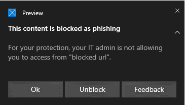Zobrazuje upozornění na obsah útoku phishing ochrany sítě.