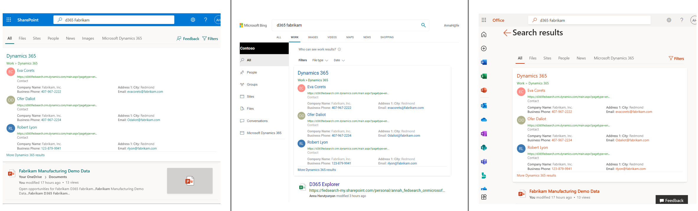 Screenshot of Dynamics 365 answers on SharePoint, Bing, and Office.