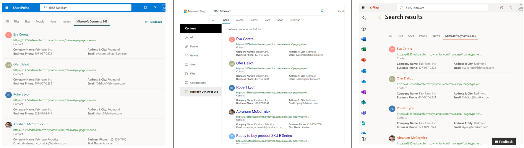 Screenshot of Dynamics 365 vertical and results on SharePoint, Bing, and Office.