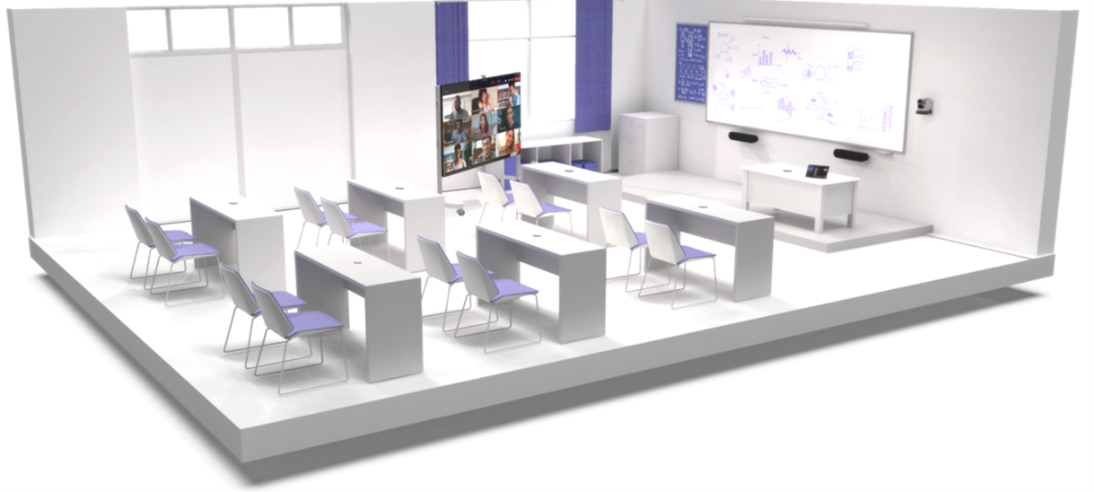 Render of a classroom optimized for Teams meeting experiences.