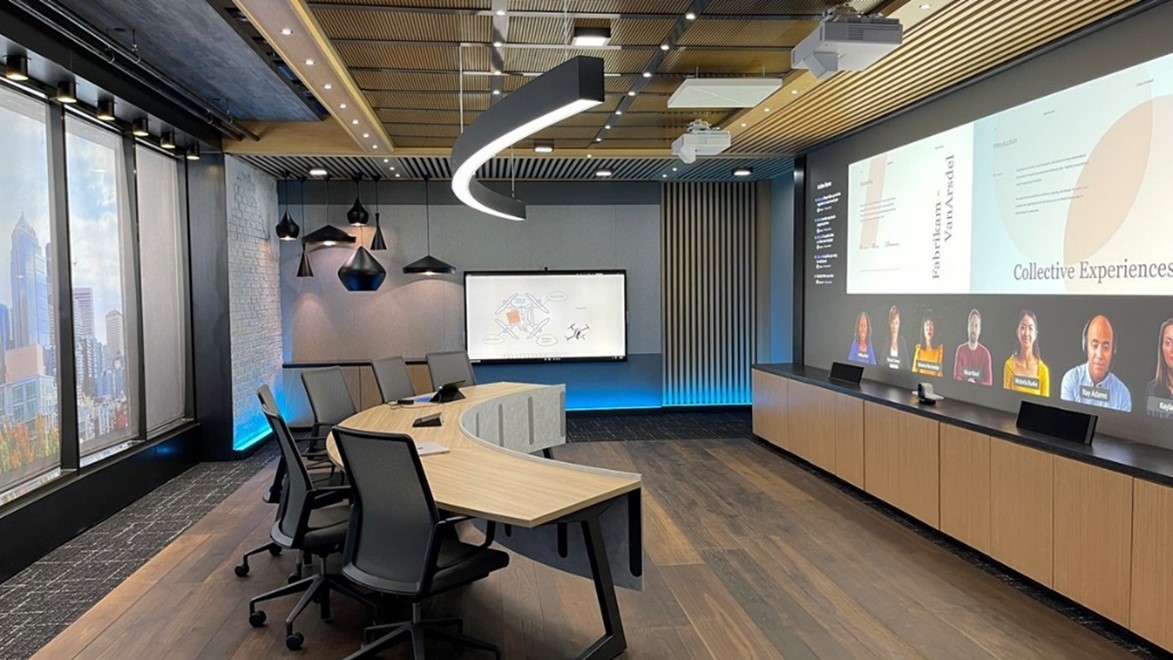 Render of a panoramic meeting room optimized for Teams meetings.
