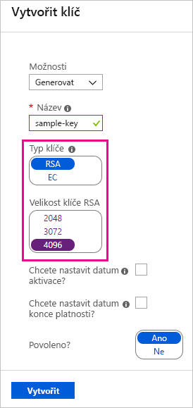 Screenshot of the RSA key type and size selections.