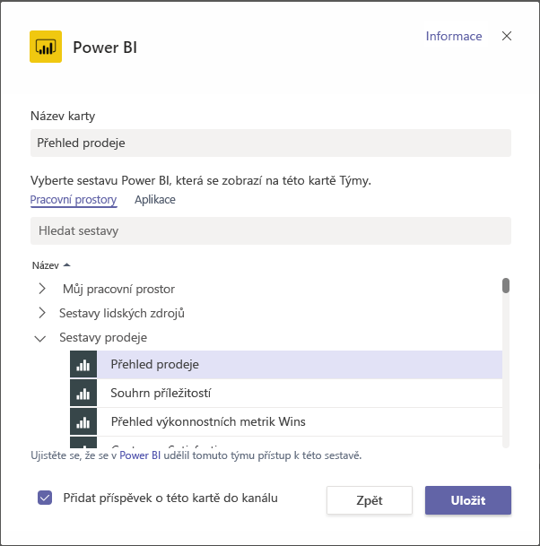 Screenshot of Power B I tab for Microsoft Teams settings.
