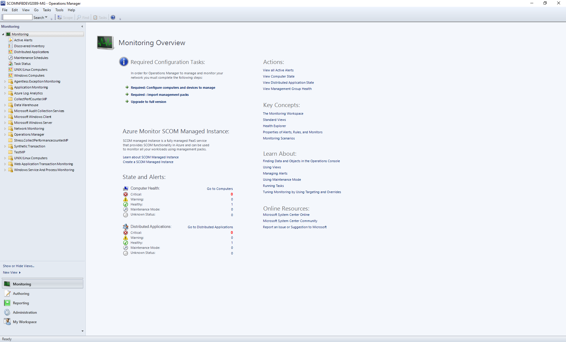 Snímek obrazovky se stránkou Spravované instance SCOM (Preview)