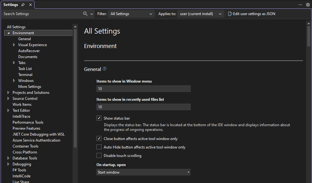 Obrázek znázorňující nové uživatelské rozhraní nastavení pro Visual Studio