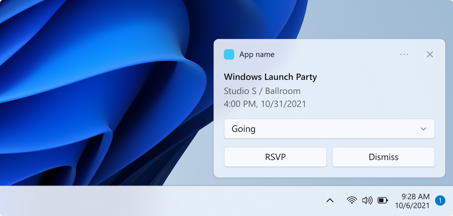 A screen capture showing a toast notification above the task bar. The notification is a reminder for an event. The app name, event name, event time, and event location are shown. A selection input displays the currently selected value, "Going". There are two buttons labeled "RSVP" and "Dismiss"