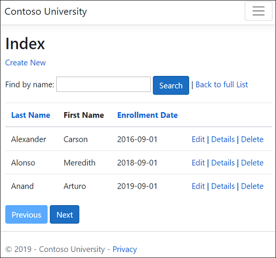 Students Index page
