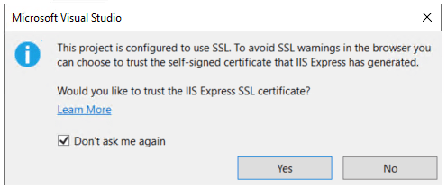 Tento projekt je nakonfigurovaný tak, aby používal SSL. Abyste se vyhnuli upozorněním SSL v prohlížeči, můžete se rozhodnout důvěřovat certifikátu podepsanému svým držitelem, který IIS Express vygeneroval. Chcete důvěřovat certifikátu IIS Express SSL?