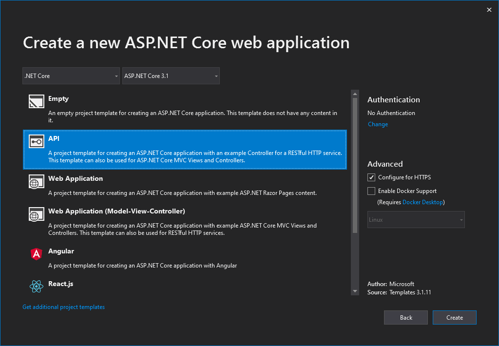 Dialogové okno Nová webová aplikace ASP.NET s vybranou šablonou projektu webového rozhraní API