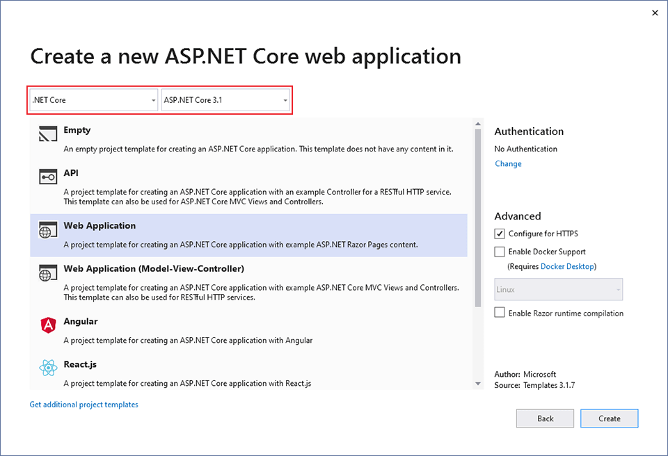 Výběr ASP.NET základní webové aplikace