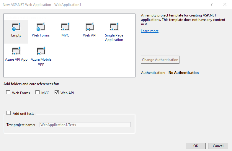 Snímek obrazovky s dialogovým oknem Nový projekt S P dot NET s vybraným zaškrtávacím políkem Web A P I pro automatické nastavení konfiguračního kódu