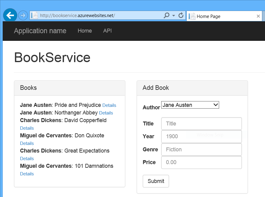 Snímek obrazovky s oknem prohlížeče s nově nasazeným webem Služby knih a seznamem knih a autorů s odkazy na podrobnosti