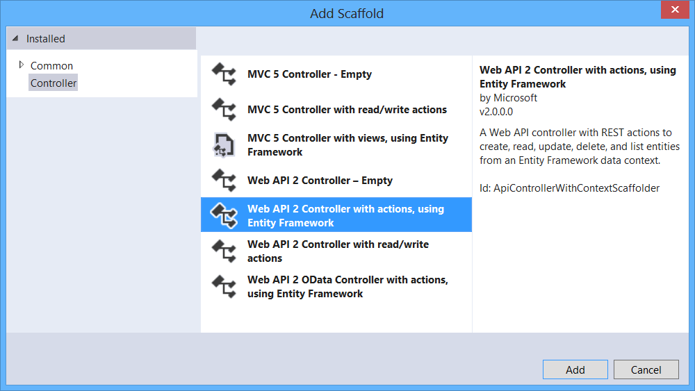 Snímek obrazovky s dialogovým oknem Přidat generování uživatelského rozhraní zobrazující kontroler Web A P I 2 s akcemi používajícími Entity Framework zvýrazněnou modře