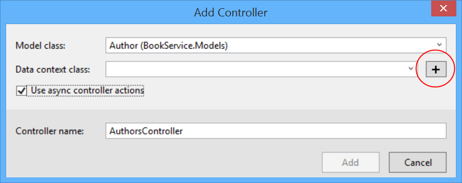 Snímek obrazovky dialogového okna Přidat kontroler zobrazující červeně zakroužkované tlačítko plus a třídu Author vybranou v rozevíracím seznamu Třída modelu