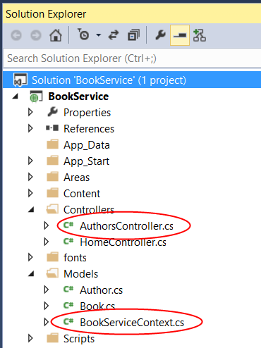 Snímek obrazovky s oknem Průzkumník řešení se souborem Kontroler autorů dot c s a červeně zakroužkovaným souborem Book Service Context dot c s