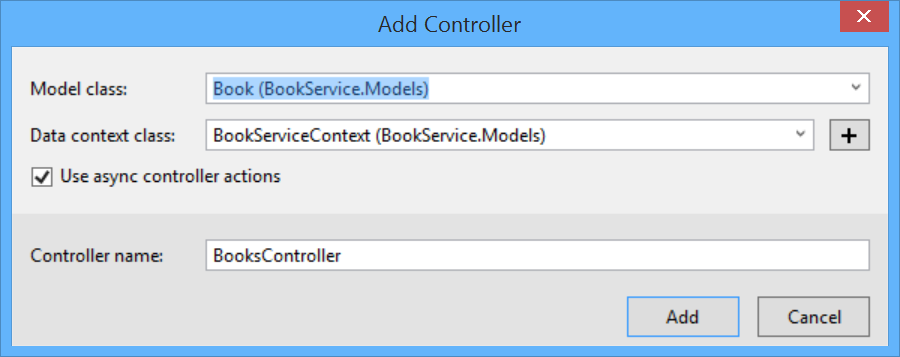 Snímek obrazovky okna Přidat kontroler s vybranou třídou modelu Book v rozevírací nabídce Třída modelu