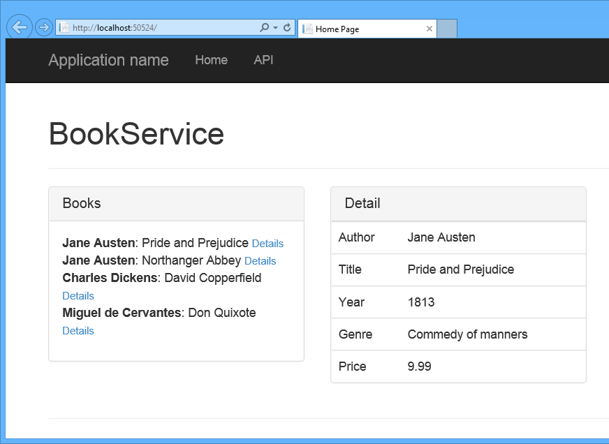 Snímek obrazovky s oknem aplikace zobrazující podokno Knihy se seznamem knih a podoknem podrobností zobrazující seznam podrobností pro vybranou knihu