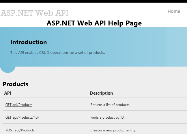 Snímek obrazovky se stránkou nápovědy k A S P I s informacemi o dostupných produktech A P I, ze kterých můžete vybírat, a jejich popisy