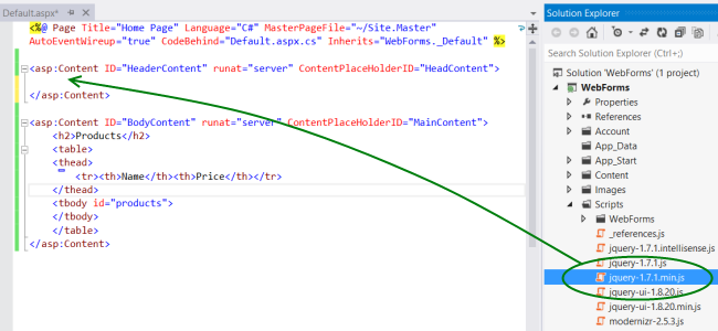 Snímky obrazovky průzkumníka řešení a okna editoru kódu se zelenou šipkou ukazující, kam se má skript v kódu umístit.