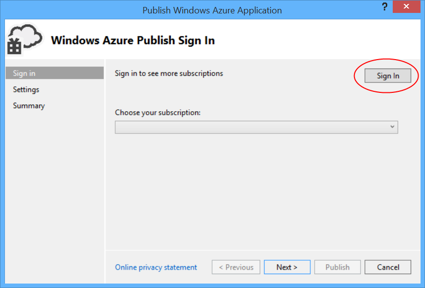 Snímek obrazovky s dialogovým oknem publikovat aplikaci Azure, které vyžaduje možnost přihlášení předtím, než budou k dispozici další možnosti