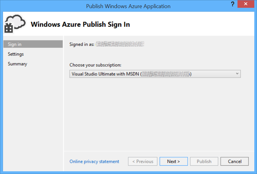 Snímek obrazovky s publikováním aplikace Azure po přihlášení a výzvou uživatele k výběru typu předplatného před pokračováním k dalšímu kroku