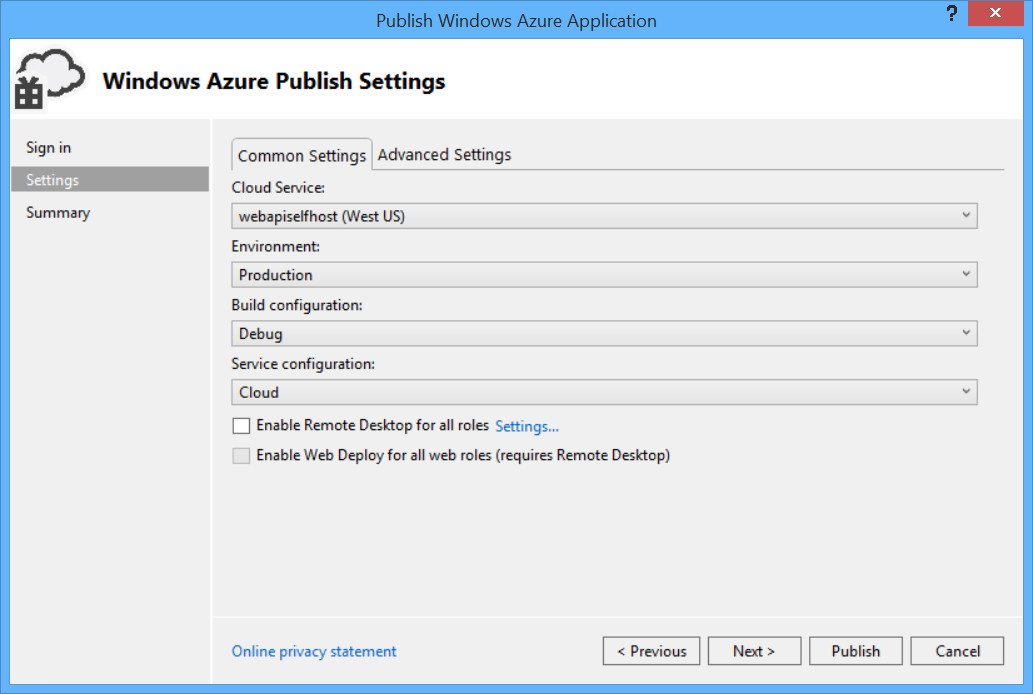 Snímek obrazovky s oknem publikovat aplikaci Azure s potvrzením všech vybraných nastavení a s možnostmi tlačítka pro návrat nebo publikování