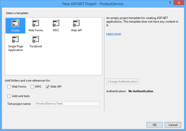 Snímek obrazovky s dialogovým oknem projektu A S P dot NET s poli možností šablony a zvýrazněním možnosti prázdné
