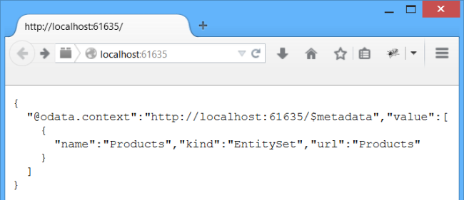 Snímek obrazovky místního hostitele webového prohlížeče s kódem projektu Product Service spuštěného v sadě Visual Studio