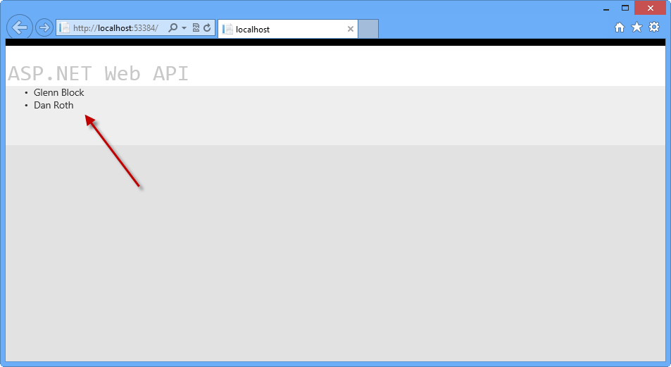 Výsledky volání rozhraní API zobrazeného v prohlížeči jako položky seznamu