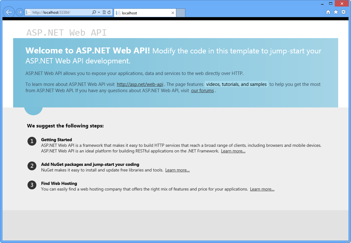 Výchozí domovská stránka aplikace webového rozhraní API ASP.NET