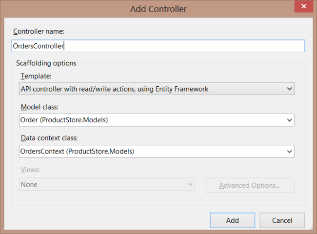 Snímek obrazovky s dialogem přidat ovladač OrdersController je zapsán v textovém poli.