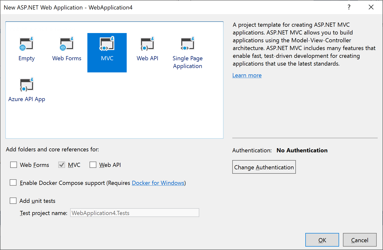 Šablona MVC v dialogovém okně Nový ASP.NET projekt v sadě Visual Studio