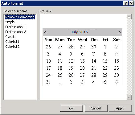 Dialogové okno Automatické formátování (ovládací prvek Kalendář)