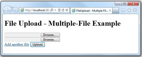 Snímek obrazovky webové stránky webového prohlížeče File Upload Multiple File Example (Příklad souboru pro nahrání více souborů) zobrazující dva výběry souborů a tlačítko Nahrát