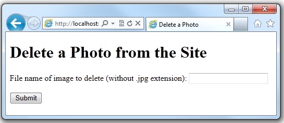 Snímek obrazovky okna prohlížeče zobrazující stránku Odstranit fotku z webu s polem pro název souboru a tlačítkem Odeslat