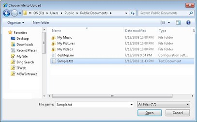 Snímek obrazovky okna Průzkumník souborů zobrazující soubor vybraný a zvýrazněný modře a tlačítko Otevřít zvýrazněné v modrém obdélníku