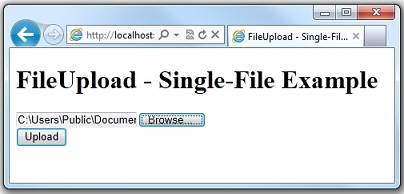 Snímek obrazovky webové stránky webového prohlížeče File Upload Single File Example zobrazující výběr souboru s vybraným souborem a tlačítkem Nahrát