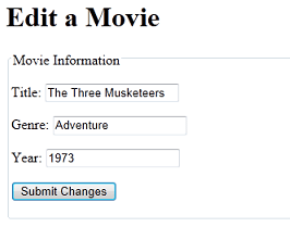 Edit Movie page showing movie to be edited movie