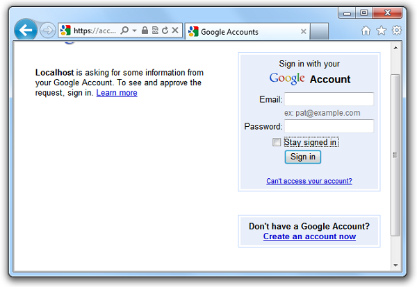 Snímek obrazovky znázorňující přesměrování webové stránky na přihlašovací stránku Google
