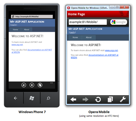 Snímek obrazovky se dvěma mobilními Web Forms aplikacemi zobrazenými na Windows Phone 7 a Opera Mobile
