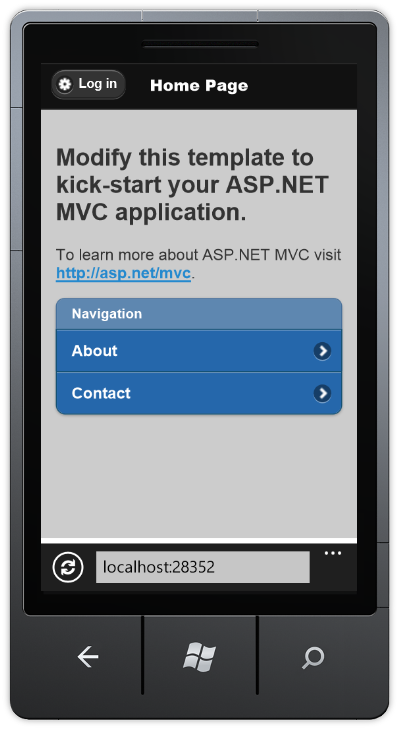 Snímek obrazovky se zobrazením mobilního prohlížeče se šablonou projektu mobilní aplikace
