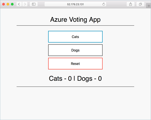 Snímek obrazovky domovské stránky aplikace Azure Voting App nasazené v clusteru Kubernetes v Azure