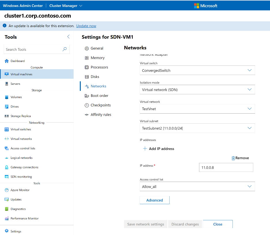 Screenshot of Windows Admin Center showing the Network setting option to associates an ACL with a network interface.