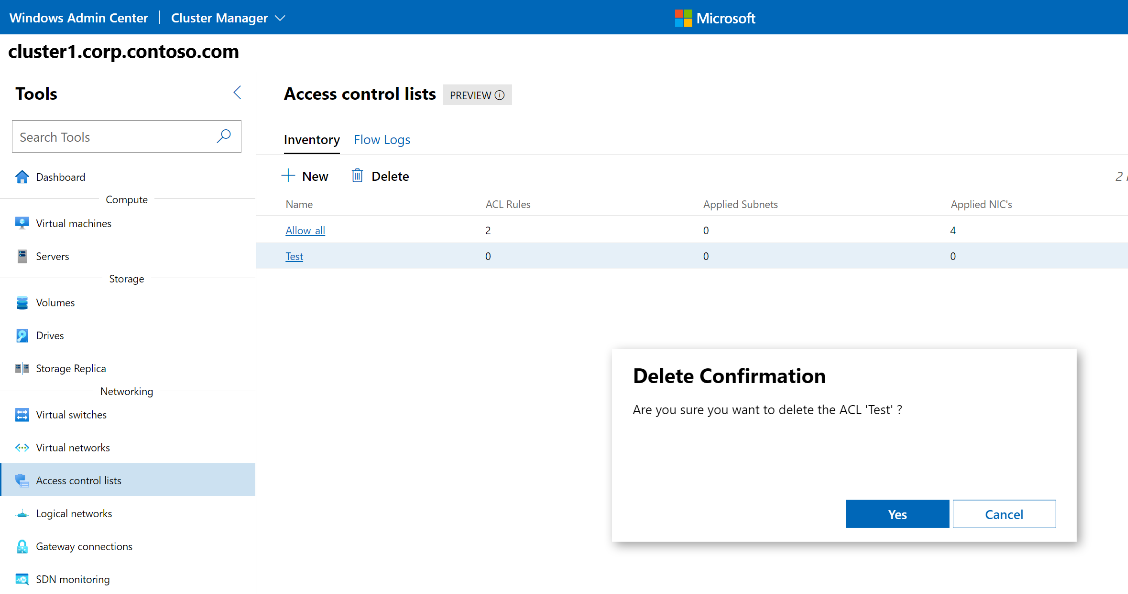 Screenshot of Windows Admin Center showing the Delete confirmation prompt to delete an ACL.