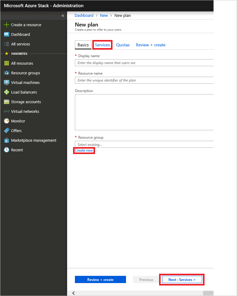 Snímek obrazovky, který ukazuje, jak zadat skupinu prostředků pro nový plán ve službě Azure Stack Hub