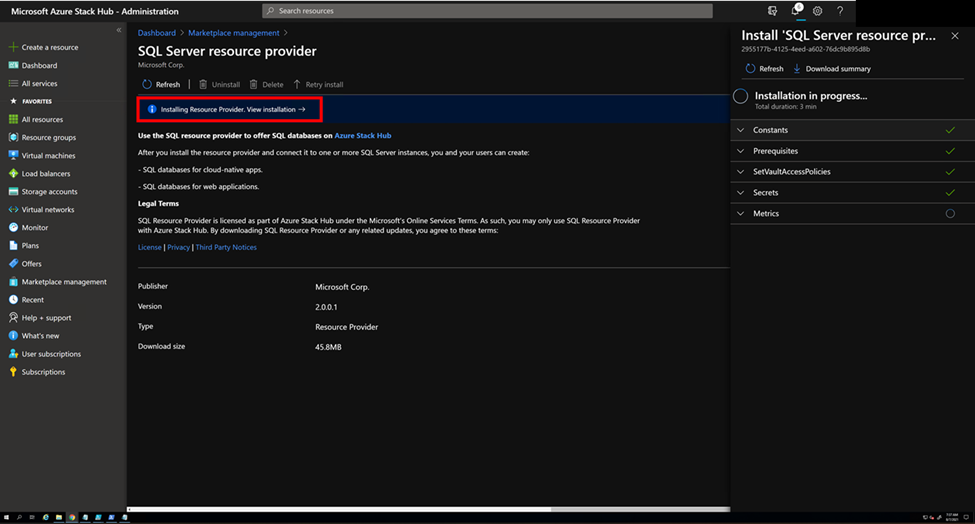 Screenshot of marketplace management RP install in progress.