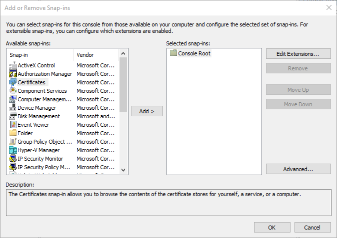 Přidání modulu snap-in Certifikáty v konzole Microsoft Management Console