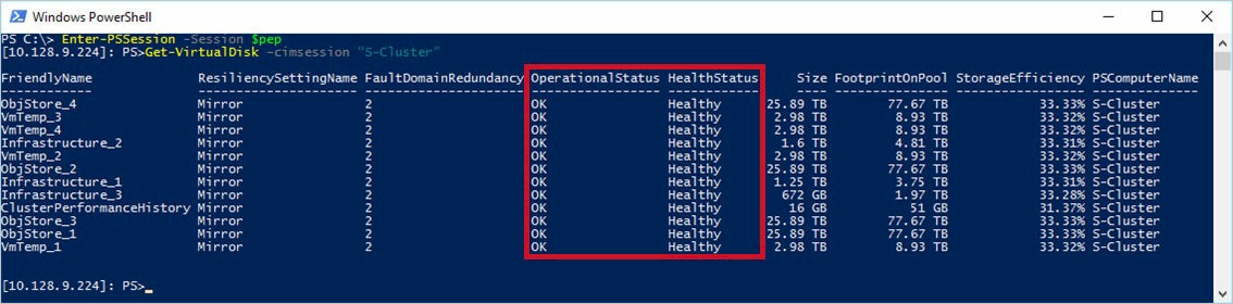 Snímek obrazovky znázorňující Windows PowerShell se zvýrazněnými sloupci OperationsStatus a HealthStatus